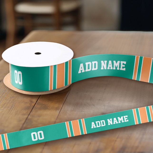 Turquoise Green and Orange Custom Sports Jersey Satin Ribbon (Custom Ribbon - add your personalized text)