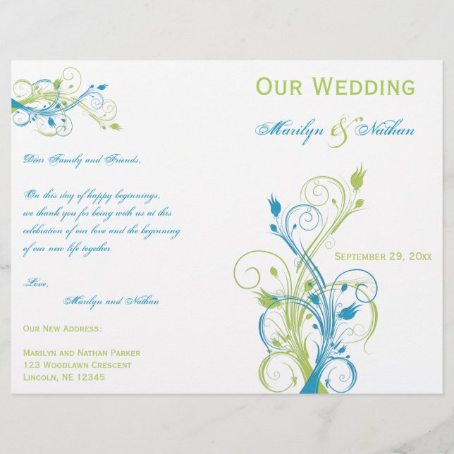 Turquoise, Green, and White Floral Wedding Program (Front)