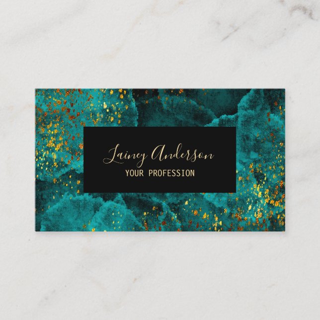 Turquoise green black and faux gold foil glitter business card (Front)