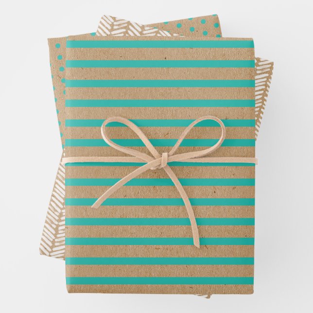Turquoise Green Blue Lines Faux Rustic Brown Kraft Wrapping Paper Sheet (In situ)