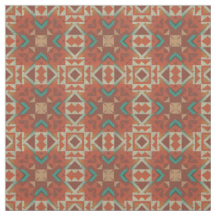 Turquoise Green Blue Orange Aztec Mosaic Pattern Fabric
