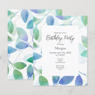 Turquoise Green Blue Watercolor Leaves Invitation