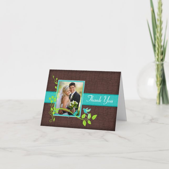 Turquoise Green Brown Crackle Photo Thank You Card (Front)