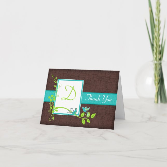 Turquoise Green Brown Floral Birds Thank You Card (Front)