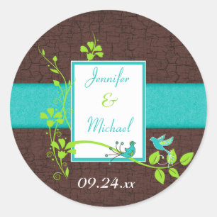 Turquoise Green Brown Floral Birds Wedding Favour Classic Round Sticker