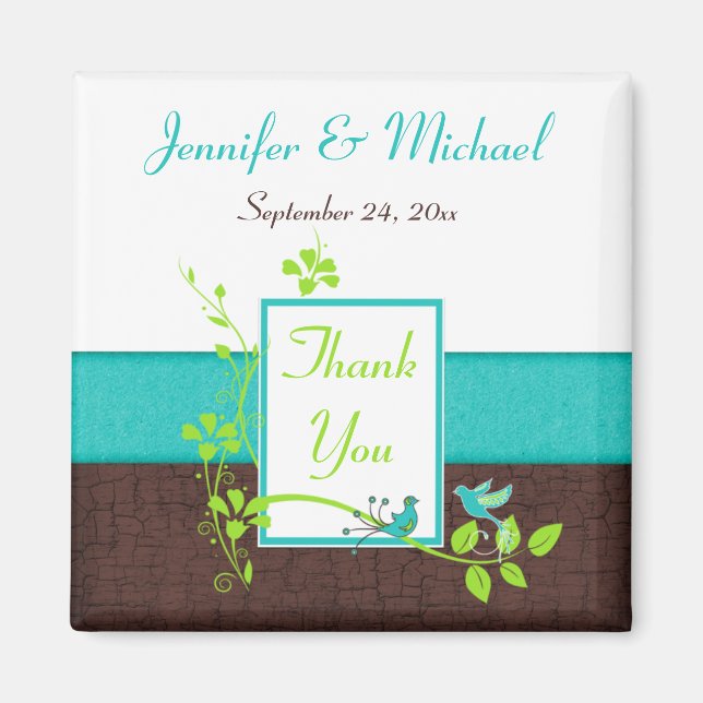 Turquoise Green Brown Floral Wedding Favour Magnet (Front)
