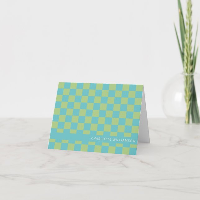 Turquoise Green Chequerboard Custom Name Retro Note Card (Front)