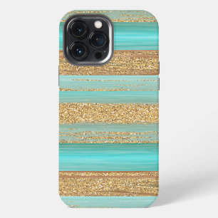 Turquoise Green Faux Gold Glitter Stripes Art iPhone 13 Pro Max Case
