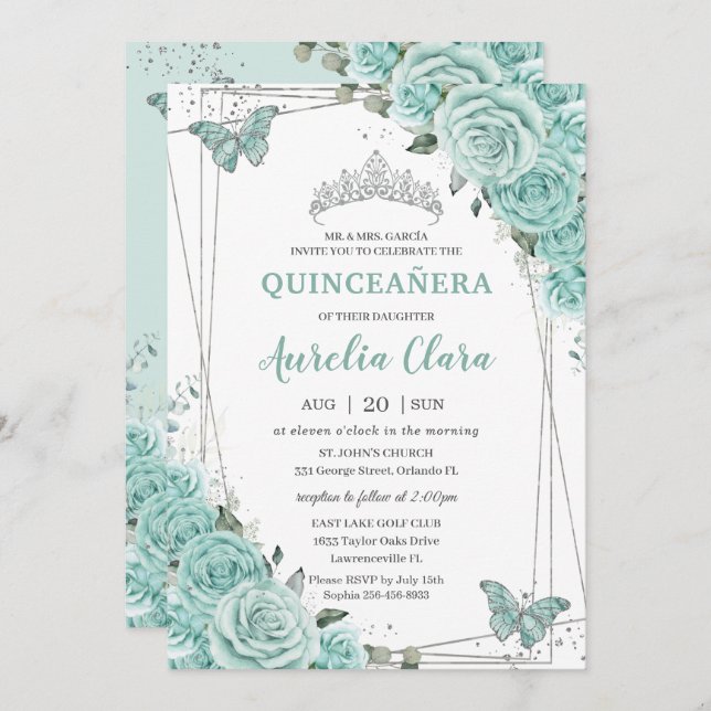 Turquoise Green Floral Butterflies Quinceanera 15  Invitation (Front/Back)