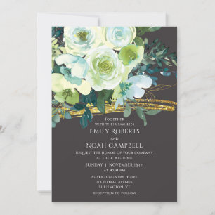 Turquoise Green Floral Gold Glitter Photo Wedding Invitation