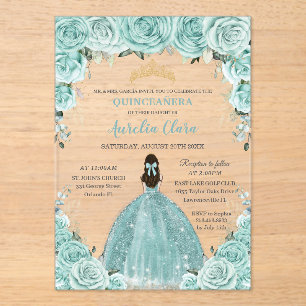 Turquoise Green Floral Princess Gold Quinceañera Acrylic Invitations