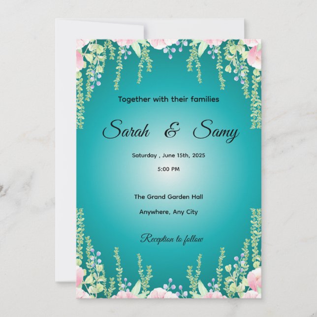 Turquoise Green Floral Wedding Invitation | Elegan (Front)