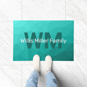 Turquoise green geometric mesh pattern Monogram Doormat