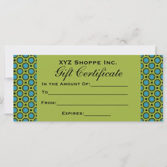 Turquoise Green Gift Certificate (Front)