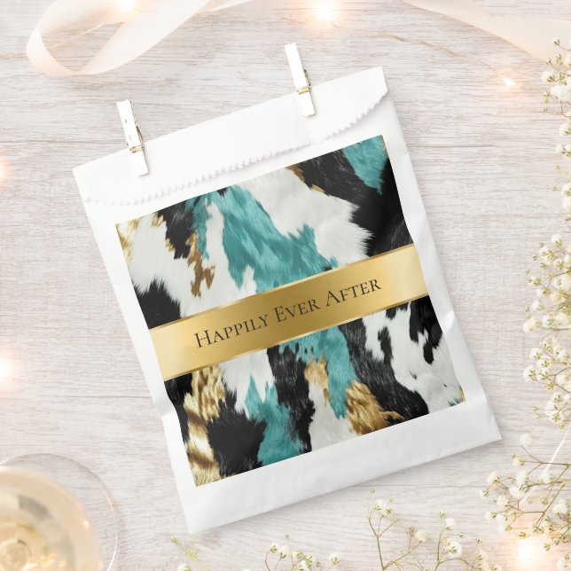 Turquoise Green Gold Black Cowhide Wedding Favour Bags (Clipped)