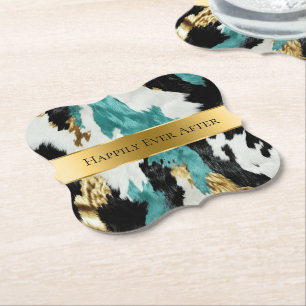 Turquoise Green Gold Black Cowhide Wedding Paper Coaster