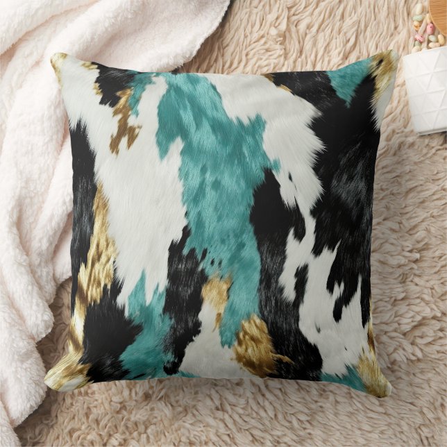 Turquoise Green Gold Black White Cowhide Cushion (Blanket)