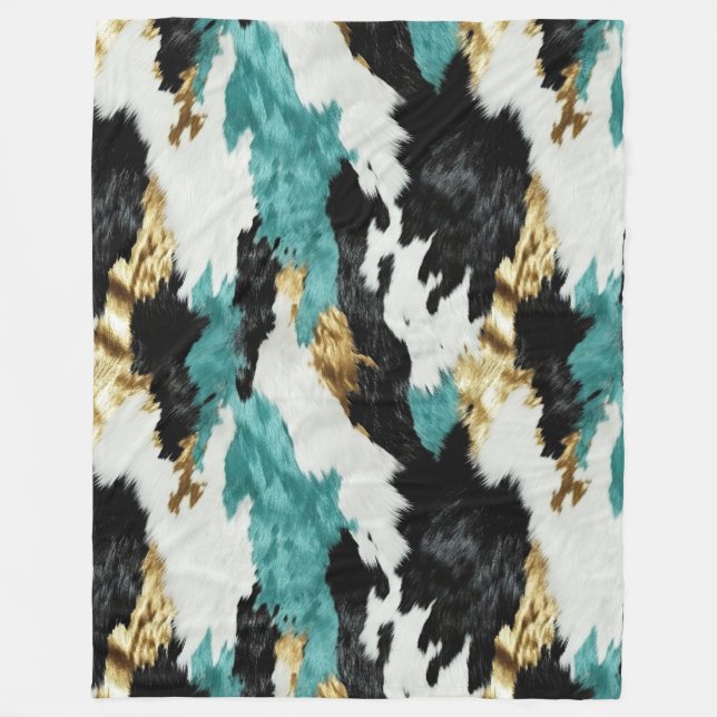 Turquoise Green Gold Black White Cowhide Fleece Blanket (Front)