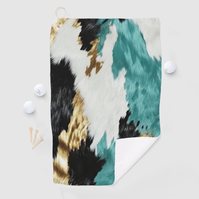 Turquoise Green Gold Black White Cowhide Golf Towel (InSitu)