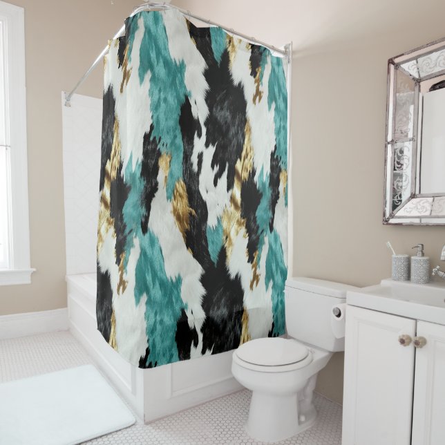 Turquoise Green Gold Black White Cowhide Shower Curtain (In Situ)