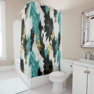 Turquoise Green Gold Black White Cowhide Shower Curtain