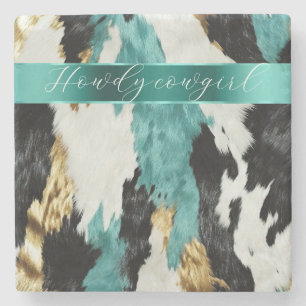 Turquoise Green Gold Black White Cowhide Stone Coaster