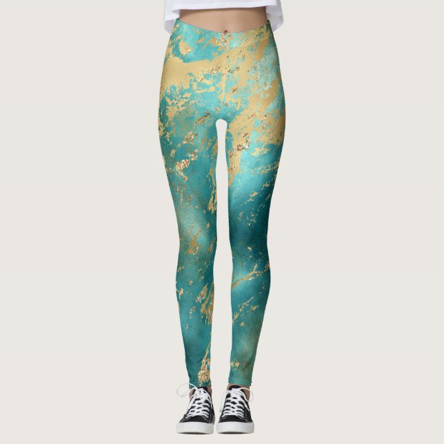  Turquoise Green Gold Marble Abstract Modern  Leggings (Front)