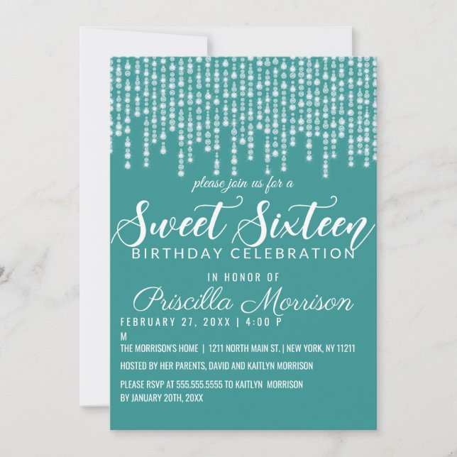 Turquoise Green Hanging Diamond Lights Sweet 16 Invitation (Front)