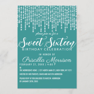 Turquoise Green Hanging Diamond Lights Sweet 16 Invitation