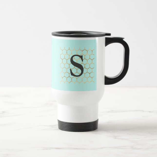 Turquoise Green Hexagon Monogram Travel Mug (Right)