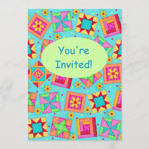 Turquoise Green Patchwork Quilt Block Art Invitation