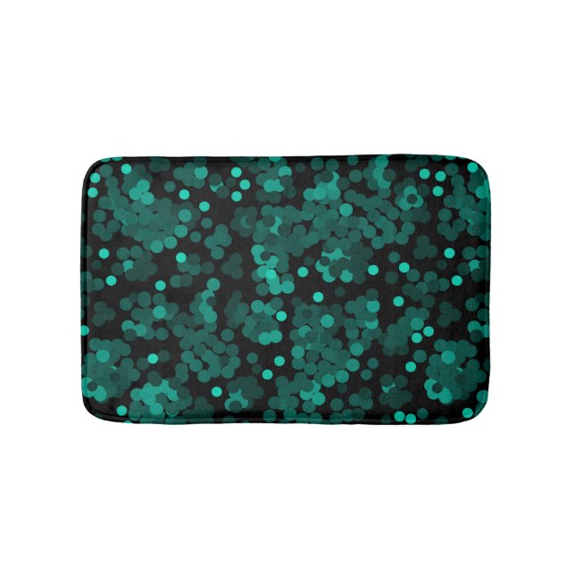 Turquoise green polka dot pattern on black bath mat (Front)