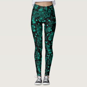 Turquoise green polka dot pattern on black leggings