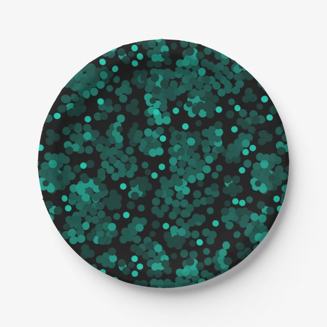 Turquoise green polka dot pattern on black paper plate (Front)