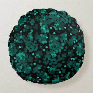 Turquoise green polka dot pattern on black round cushion