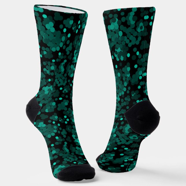 Turquoise green polka dot pattern on black socks (Angled)
