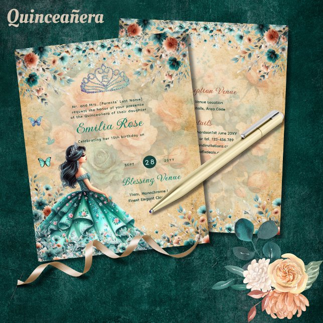 Turquoise Green Quinceanera Dress Floral Butterfly (Creator Uploaded)
