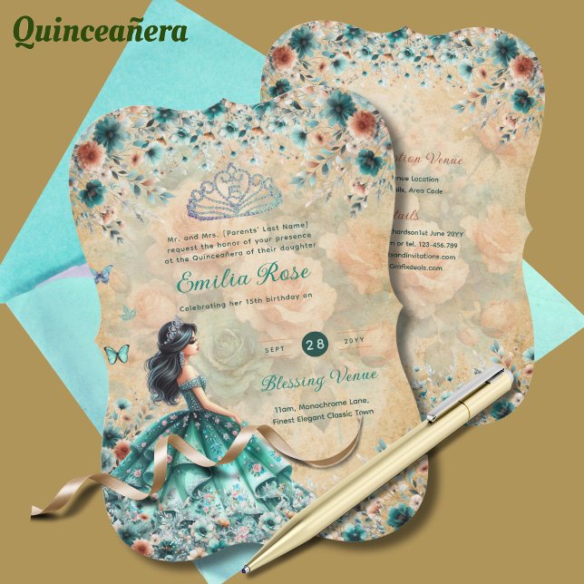 Turquoise Green Quinceanera Dress Floral Butterfly Invitation (Creator Uploaded)