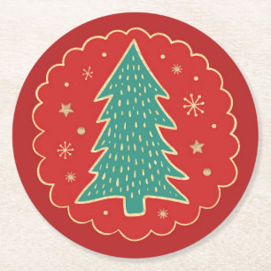 Turquoise Green Red Gold Christmas Tree Round Paper Coaster