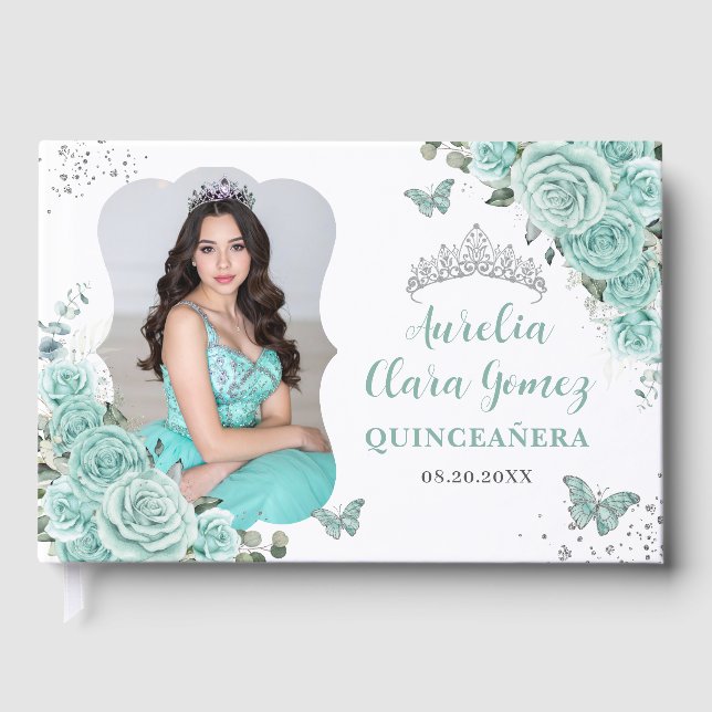 Turquoise Green Roses Floral QUINCEAÑERA 16 Photo Guest Book (Front)