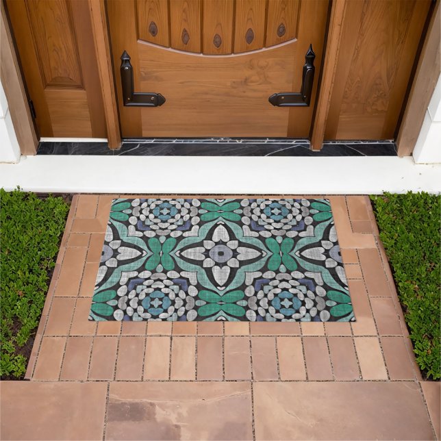 Turquoise Green Teal Blue Black Orient Tribal Art Doormat (Outdoor)