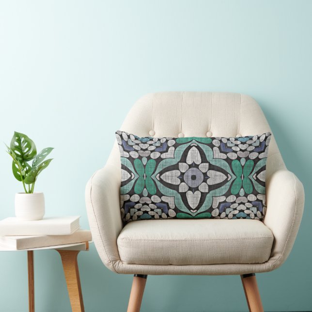 Turquoise Green Teal Blue Hip Bohemian Bali Art Lumbar Cushion (Chair)