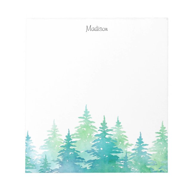 Turquoise Green Watercolor Evergreen Trees   Notepad (Front)