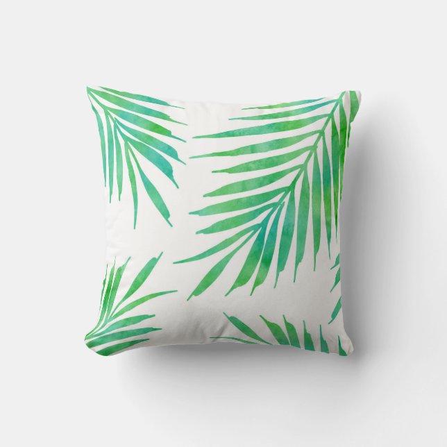 Turquoise Green Watercolor Palm Fronds Cushion (Front)