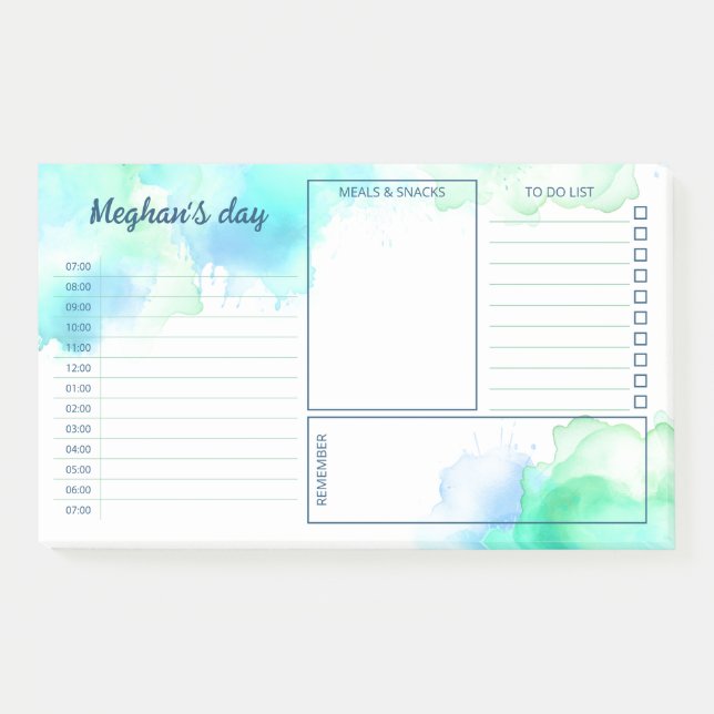 Turquoise Green Watercolor Stains Daily Planner Post-it Notes (Front)