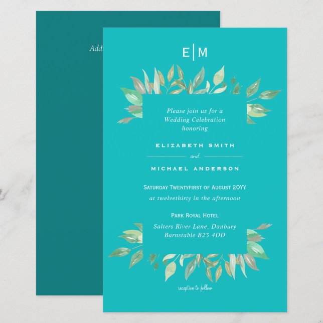 Turquoise Greenery Leaves Budget Wedding Invite A9 (Front/Back)