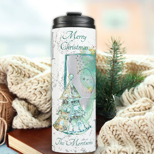 Turquoise & Grey 5 Photo Collage Christmas Tree Thermal Tumbler