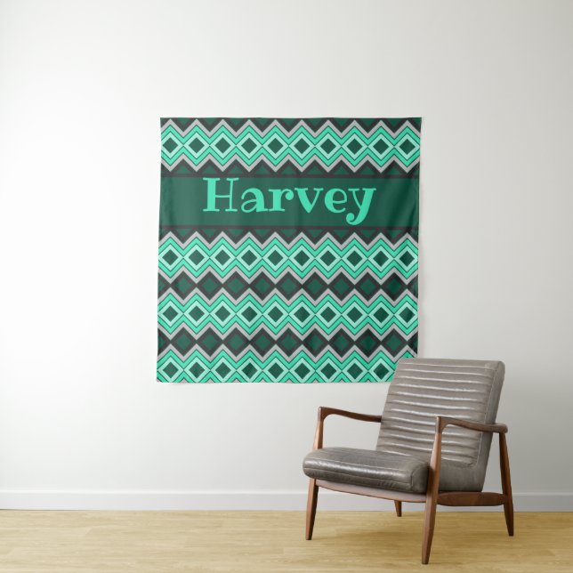 Turquoise Grey and Black Tapestry (In Situ)