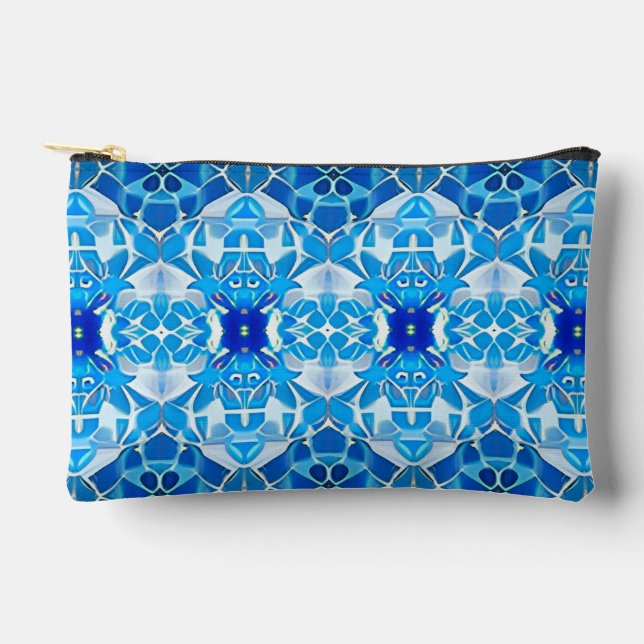 Turquoise, Grey and Cobalt Blue Tile Pattern Accessory Pouch (Front)