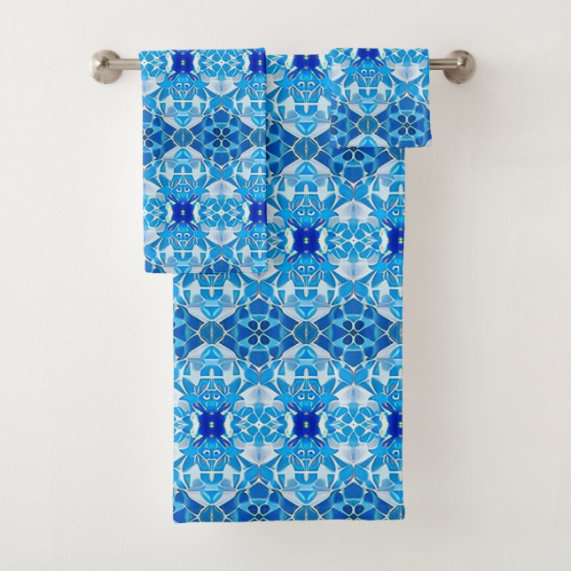 Turquoise, Grey and Cobalt Blue Tile Pattern Bath Towel Set (Insitu)